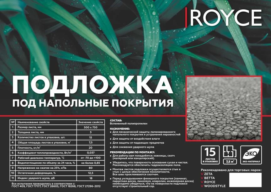 Подложка листовая Royce под ламинат и паркет PolyBlock Черная 3 мм (7.5 м²)
